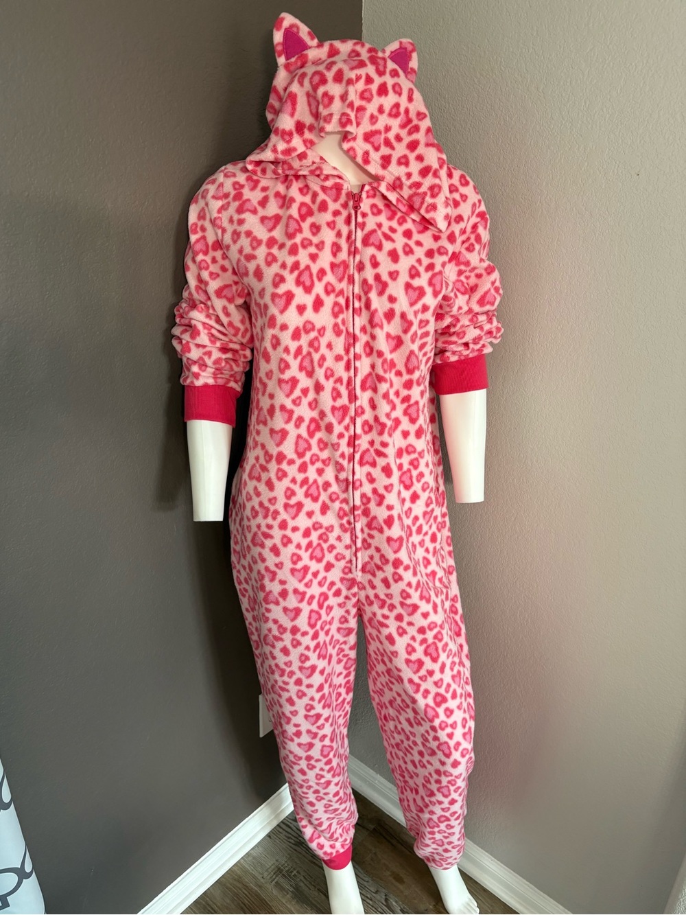 Pink Heart Print Fleece Onesie Pajama with Hood - Picture 1 of 6